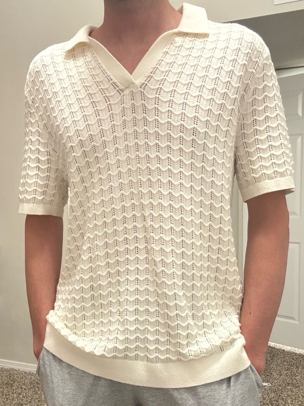 Men's Abercrombie Cream Short-Sleeve Knit Polo Sweater